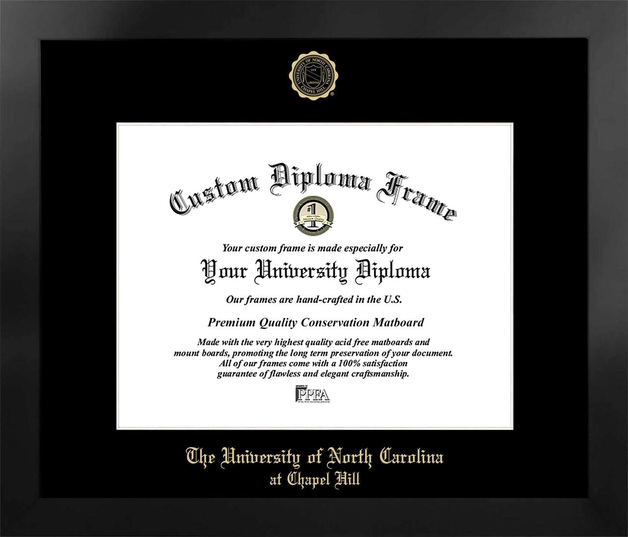 University of North Carolina, Chapel Hill 14w x 11.5h Manhattan Black Single Mat Gold Embossed Diploma Frame with Bonus Campus Images Lithograph (value savings at $59)